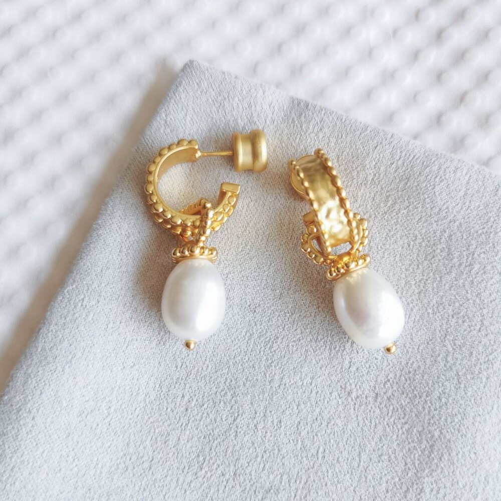 Julie Vos Marbella Gold Pearl Hoop Charm Earrings Elegant Chic Jewelry